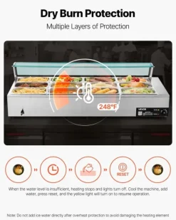 Matuppvärmare-Kommersiell buffévärmare och matvärmare - Elektrisk bain-marie bänkmodell - Rostfritt stål - 1700 W - 12 pannor - Soppslev och perforerad slev