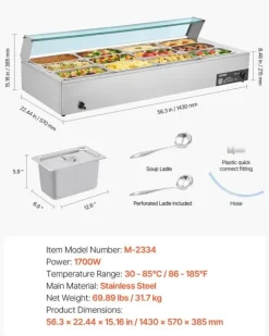 Matuppvärmare-Kommersiell buffévärmare och matvärmare - Elektrisk bain-marie bänkmodell - Rostfritt stål - 1700 W - 12 pannor - Soppslev och perforerad slev
