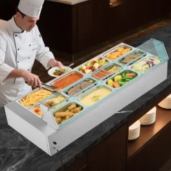 Matuppvärmare-Kommersiell buffévärmare och matvärmare - Elektrisk bain-marie bänkmodell - Rostfritt stål - 1700 W - 12 pannor - Soppslev och perforerad slev
