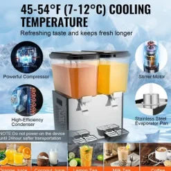 Kommersiell dryckedispenser 18L, 2 tankar, kall juice, effektiv servering, hållbar design, perfekt för caféer