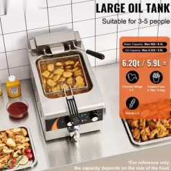 Kommersiell Elektrisk Fritös 3000W, 5,9L Rostfritt Stål, 200°C, Uppgradering för snabbare matlagning, effektiv fritering