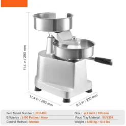 Pressar-Kommersiell hamburgerbiffmaskin 150 mm, kraftig rostfri skål, köksmaskin för köttformning med 1000 pattypapper.