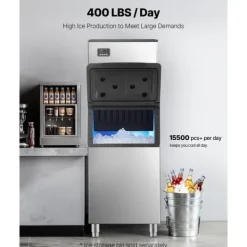 Ismaskiner-Kommersiell Ismaskin, 400 LBS/24H Modell, 300 LBS Förvaringsbehållare, Automatisk Självrengöringsfunktion