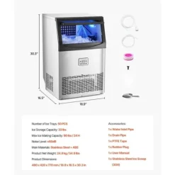 Ismaskiner-Kommersiell Ismaskin, Fristående Skåpmaskin, 90lbs/24H Kapacitet, 50 Isbitar per omgång