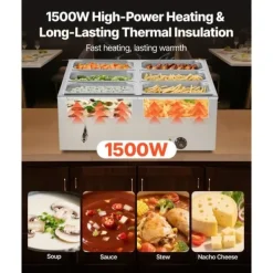 Kommersiell Matvärmare, 1500W Elektrisk, Rostfritt Stål, 6 Pannor, Snabbvärmande, för Catering och Fester