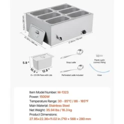 Kommersiell Matvärmare, 1500W Elektrisk, Rostfritt Stål, 6 Pannor, Snabbvärmande, för Catering och Fester