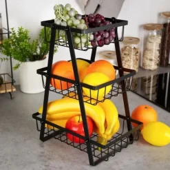 Korg för frukt och grönsaker, svart, metall, 3-vånings, VILDE 229111