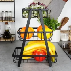 Korg för frukt och grönsaker, svart, metall, 3-vånings, VILDE 229111