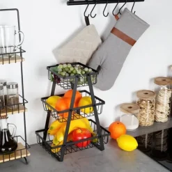 Korg för frukt och grönsaker, svart, metall, 3-vånings, VILDE 229111