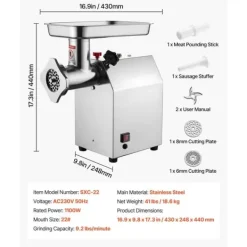 Köttkvarn, Hög Effekt Motor, Lätta att Rengöra Tillbehör,9.2lbs 22storlek