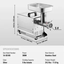 Köttkvarn, 1000-1300W Motor, Rostfritt Stål Konstruktion,5Lbs 5storlek