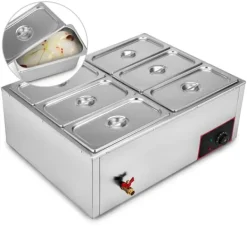 Matuppvärmare-1,2KW 30-85°C justerbar 6-pannor elektrisk matvärmare med kran, stor kapacitet, snabb värmeöverföring