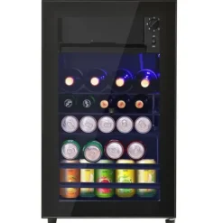 Kylskåp-76L Mini-Kylskåp, 6L frys + 70L kyl, LED-ljus, För 51 burkar, Tyst drift, Kompressor, Justerbara hyllor