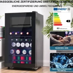 76L Mini-Kylskåp, 6L frys + 70L kyl, LED-ljus, För 51 burkar, Tyst drift, Kompressor, Justerbara hyllor