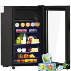 76L Mini-Kylskåp, 6L frys + 70L kyl, LED-ljus, För 51 burkar, Tyst drift, Kompressor, Justerbara hyllor