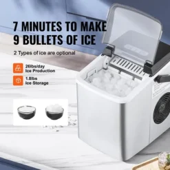 Ismaskiner-26lbs/dag 105W bärbar ismaskin, justerbar isbitsstorlek, snabb istillverkning, utmärkt isoleringsteknik, självrengörande, lågt ljud