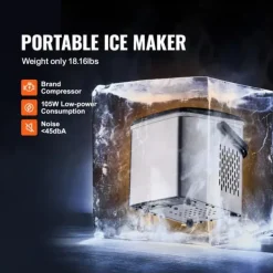 Ismaskiner-26lbs/dag 105W bärbar ismaskin, justerbar isbitsstorlek, snabb istillverkning, utmärkt isoleringsteknik, självrengörande, lågt ljud