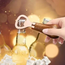 Drinkshakers & Drinkverktyg-Ölflasköppnare med trähandtag, bärbar flasköppnare och verktyg för att ta bort flaskkorken, roséguld