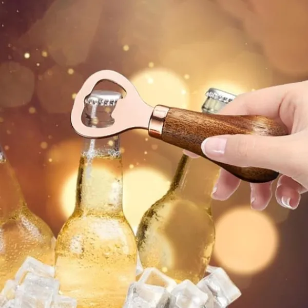 Drinkshakers & Drinkverktyg-Ölflasköppnare med trähandtag, bärbar flasköppnare och verktyg för att ta bort flaskkorken, roséguld