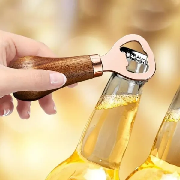 Drinkshakers & Drinkverktyg-Ölflasköppnare med trähandtag, bärbar flasköppnare och verktyg för att ta bort flaskkorken, roséguld
