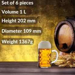 Glas-Ölglas, Ölsejdel, Ölkrus, Ölmugg - set med 6 ölglas ISAR 1 liter