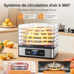 Livsmedelstork - YASHE, med 5 hyllor, 400W, med justerbar timer och temperatur, idealisk för kött, frukter, örter.