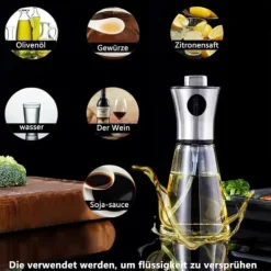 Olje- & Vinägerbehållare-Lollanda Oljesprayflaska 200 ml i Rostfritt Stål och Glas, Konisk Design för Matlagning, Grill och Bakning