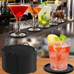 Lollanda 12-pack glasunderlägg i silikon med stabil och halkfri design – inkluderar metallställ för enkel och ordnad förvaring