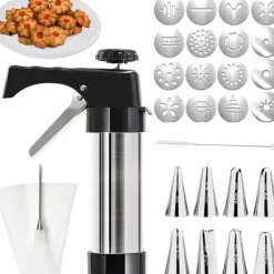 Utrustning För Tårtdekoration-Lollanda Rostfri stål kakpress, för att göra olika typer av spritsade kakor, med 16 kakformar, 8 spritsmunstycken, rengöringsborste