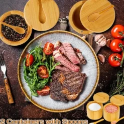 Salt- & Pepparströare-Magnetisk kryddlåda för matbordet - förvaringslösning gjord av bambu, roterande lock och sked - håller innehållet torrt