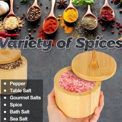 Salt- & Pepparströare-Magnetisk kryddlåda för matbordet - förvaringslösning gjord av bambu, roterande lock och sked - håller innehållet torrt