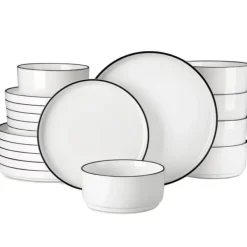 MALACASA Servis, Elegant Rund Form, Blyfri Keramik,Svart kant, 36 PCS