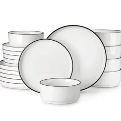 MALACASA Servis, Elegant Rund Form, Blyfri Keramik,Svart kant, 36 PCS
