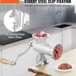 Matkvarnar-Manuell köttkvarn i gjutjärn, kraftfull med stålklämma, 1 skärblad, 2 plattor, 3 korvrör för nötfärs.