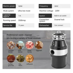 Avfallskvarnar-Matavfallskvarn, köksmodell, 560 W ren kopparmotor, stor kapacitet, stötdämpande