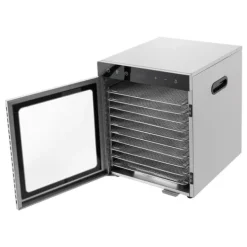 Torkugnar-Matdehydrator, 800W, 36L kapacitet, 10 brickor, temperaturintervall 30-90 °C, dimensioner 34,5 cm x 35 cm x 43 cm