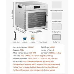 Torkugnar-Mattorkarmaskin med 8 brickor, Rostfritt Stål, 400W, För Torkning av Kött och Frukt