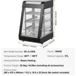 Matvarmhållare, 3-nivåer, 38,5x47x64 cm, rostfritt stål