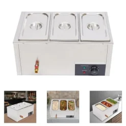 Matuppvärmare-Matvärmare - Bain-marie vattenbad - 3 x 7 l behållare - Rostfritt stål - Buffé servering - Silver