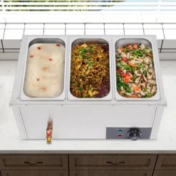 Matuppvärmare-Matvärmare - Bain-marie vattenbad - 3 x 7 l behållare - Rostfritt stål - Buffé servering - Silver