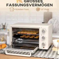Minibackugn 21 L med rotisserie, 3 lägen, 100–230 °C, galler & plåt, rostfritt/glas, cremevit