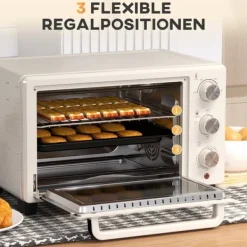 Minibackugn 21 L med rotisserie, 3 lägen, 100–230 °C, galler & plåt, rostfritt/glas, cremevit