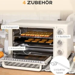 Minibackugn 21 L med rotisserie, 3 lägen, 100–230 °C, galler & plåt, rostfritt/glas, cremevit