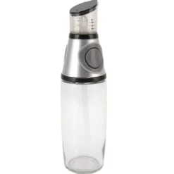 Olje- & Vinägerbehållare-500ml oljedispenser läckagesäker glas silikon akryl presstyp kvantitativ oljeflaska för hälsokök silver