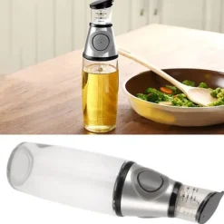 Olje- & Vinägerbehållare-500ml oljedispenser läckagesäker glas silikon akryl presstyp kvantitativ oljeflaska för hälsokök silver