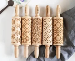 MoodForWood Träkavel 25 cm med handtag, set om 5, graverad, perfekt för bakning - Kimonomönster