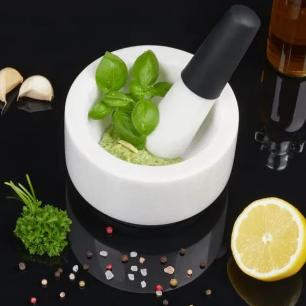 Mortlar & Mortelstötar-Mortel och stöt, 8x14 cm, vit marmor