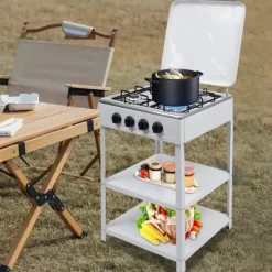 Spisar-Nödspis - Utomhus gaskök med 4 brännare - Förvaringshylla - Naturgas/Gasol - 49×49×79 cm - Järn - 9 kg - Röd