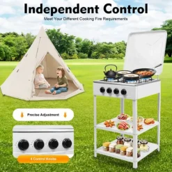 Spisar-Nödspis - Utomhus gaskök med 4 brännare - Förvaringshylla - Naturgas/Gasol - 49×49×79 cm - Järn - 9 kg - Röd