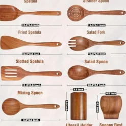OBOSOE 9 delar köksredskapsset i teak - Träspatel, slev, gaffel m.m. med förvaringsburk & skedställ, för non-stick-pannor